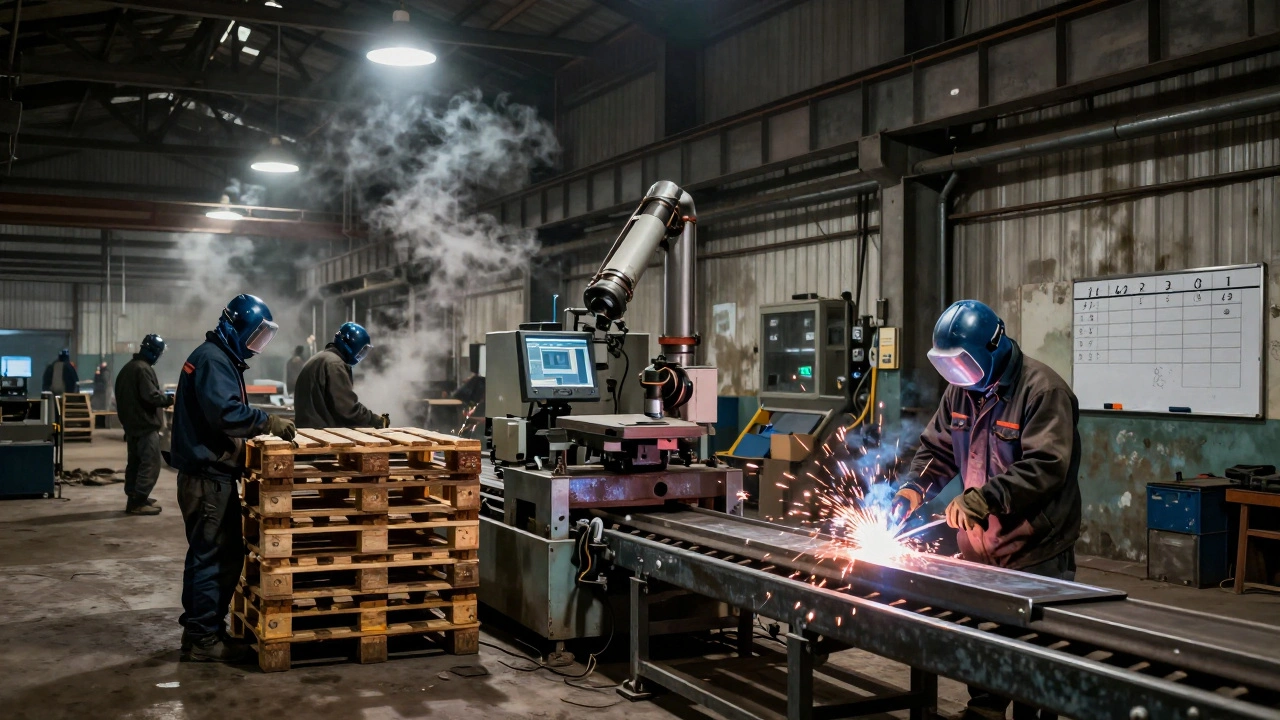 Група робітників працює на виробничій лінії: завантажують, контролюють та зварюють метал у величезному цеху.