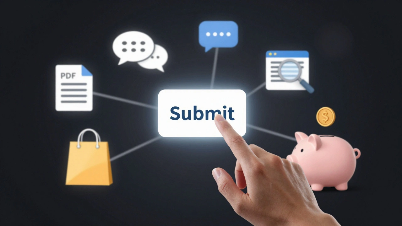 Концептуальне зображення онлайн-роботи: введення даних, чат, модерація та доставка.