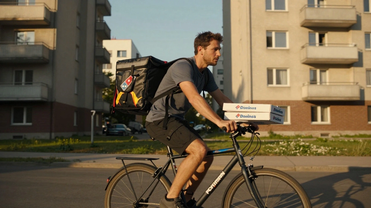 Кур'єр на велосипеді доставляє піцу в районі Дарниця на Лівому березі Києва.