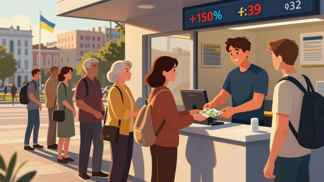 Люди чекають у черзі на обмін валют у Києві на Площі Незалежності на заході сонця.