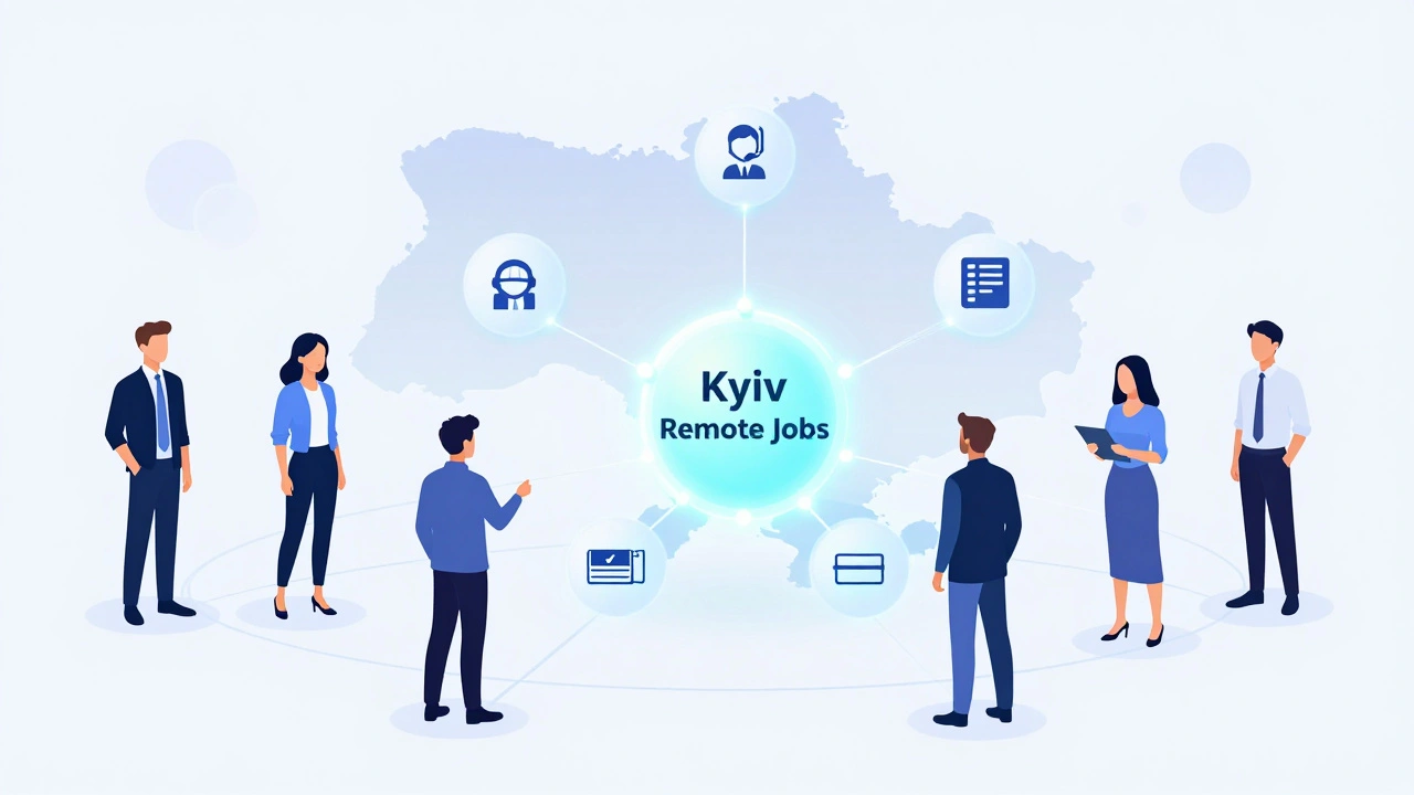 Люди з різних міст України з'єднані з Києвом цифровими лініями, що символізують віддалену роботу.