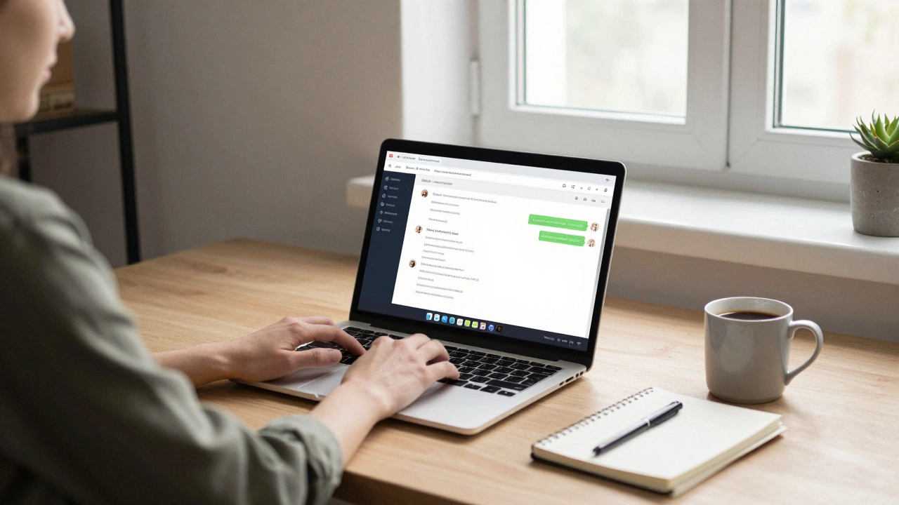 Людина працює вдома над модерацією чатів за ноутбуком.