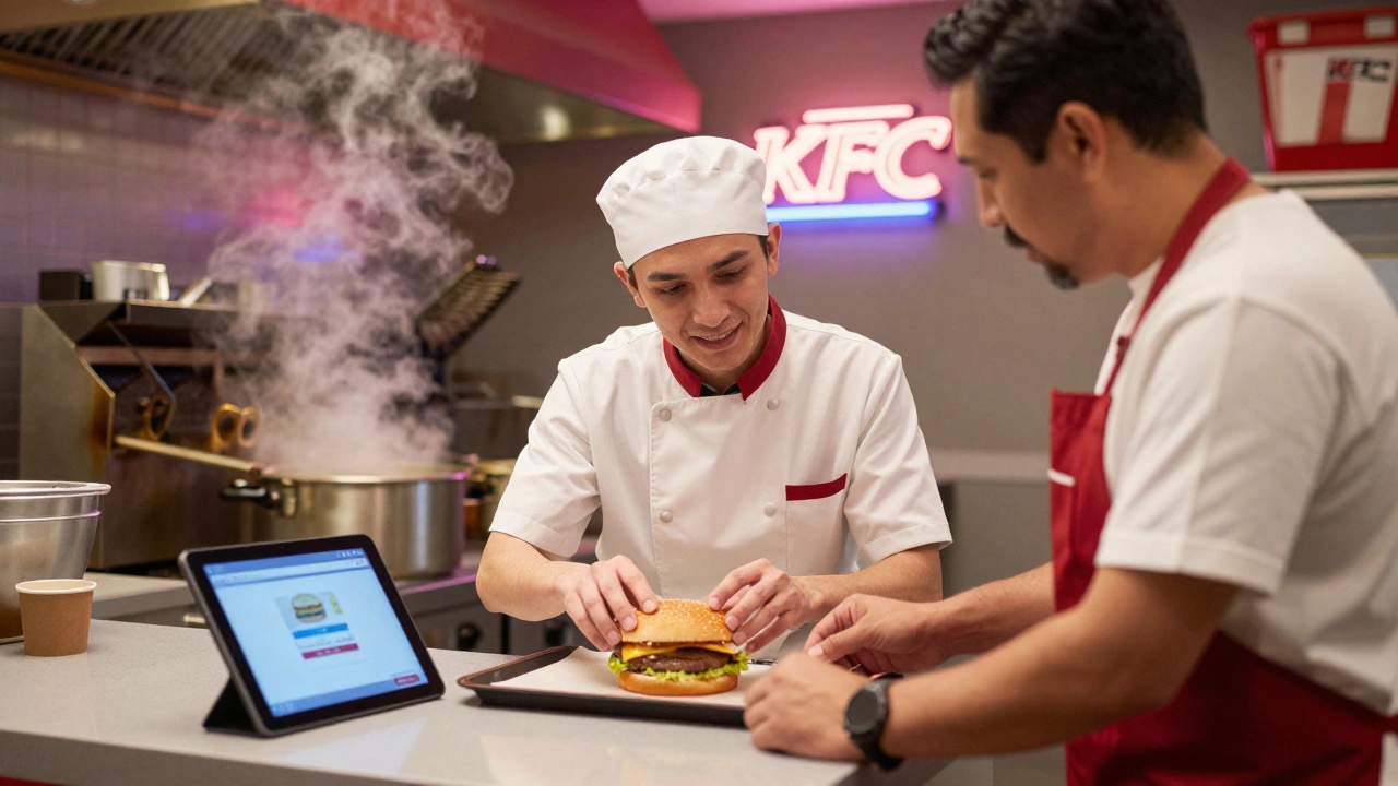 Новачок в KFC вчиться збирати бургери під керівництвом досвідченого співробітника.