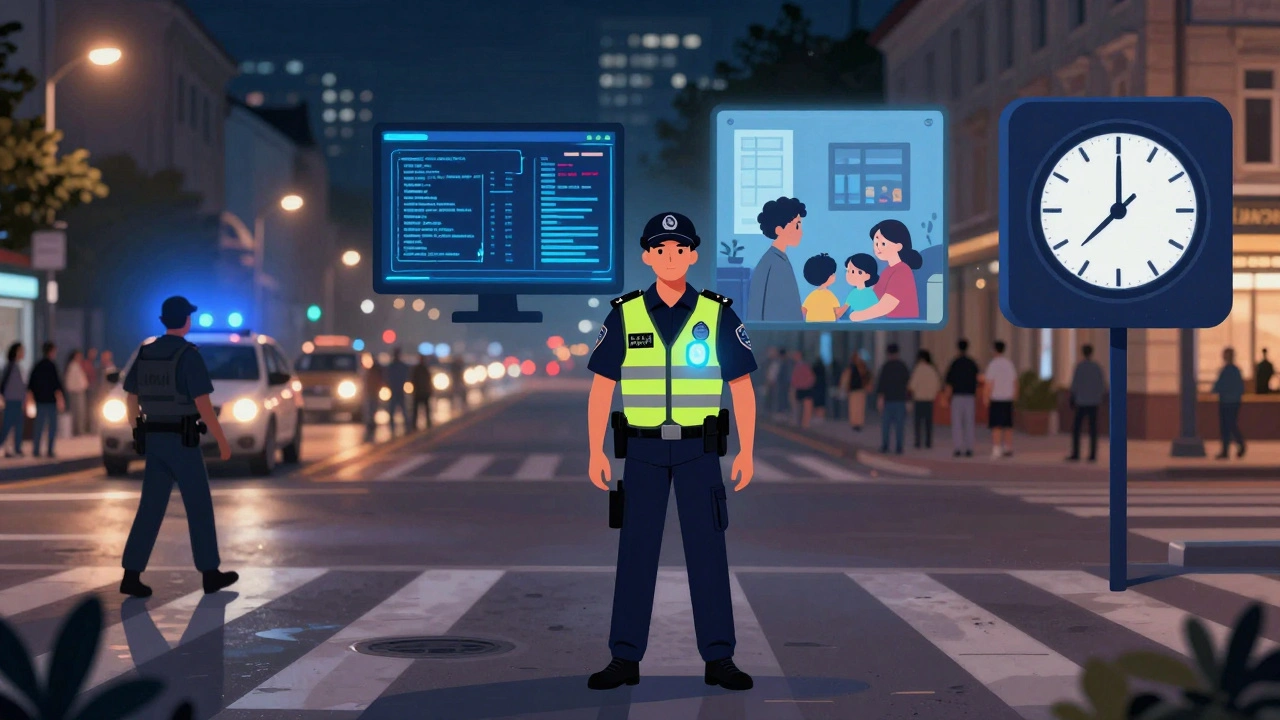 Поліцейський стоїть на роздоріжжі, що символізує багатогранність професії: вулиці, кіберпростір, сім'я, нічна зміна.