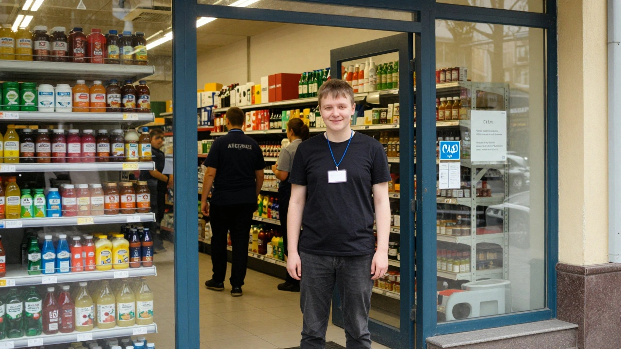 Працівник стоїть на вході до супермаркету ATB з ім'євим білетом.