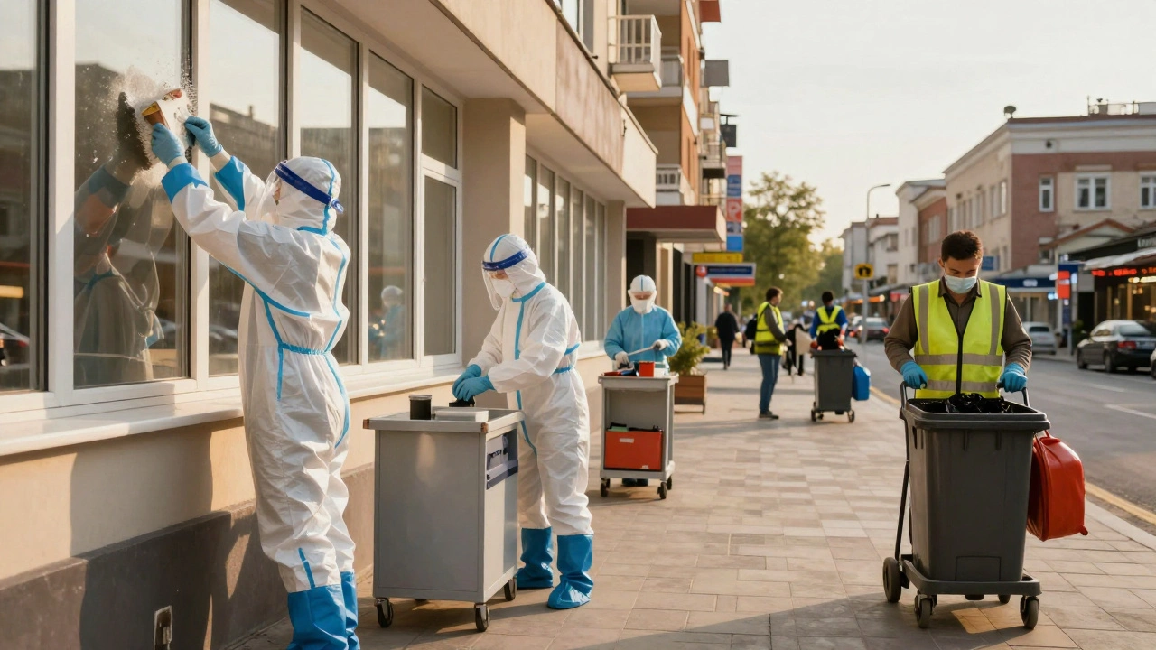 Різні клінери працюють у різних місцях Києва: в клініці, торговому центрі та житловому будинку.