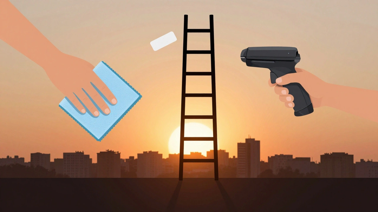 Руки тримають інструменти роботи — шматок тканини, наклейку та сканер, що символізують початок кар'єри.