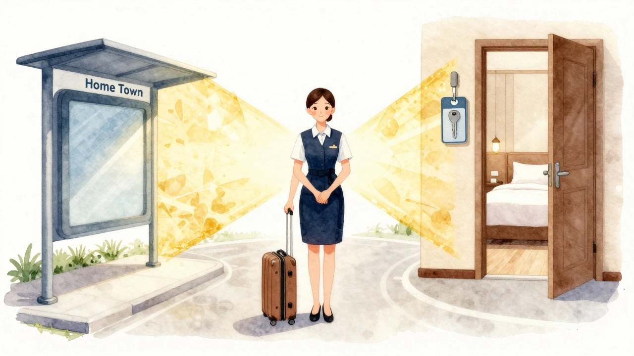 Символічна сцена горничної між дому та роботою, що відображає вахтовий графік.