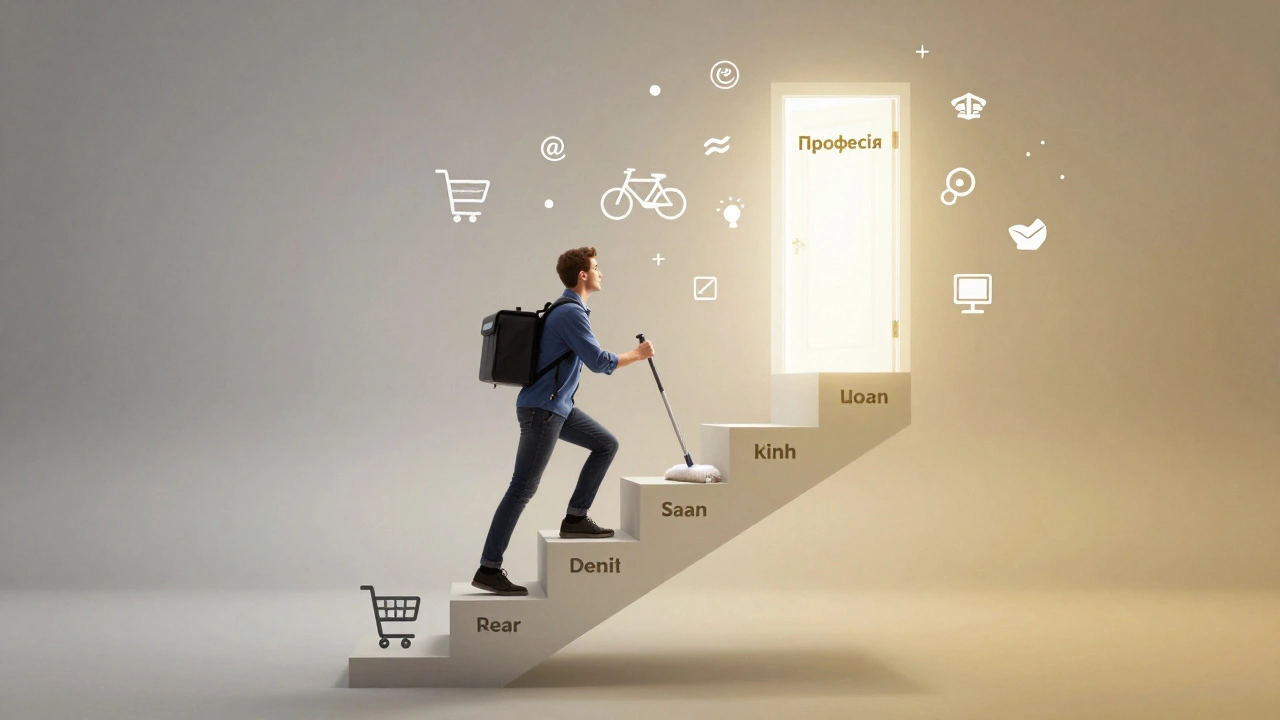 Символічна схема шляху від новачка до професіонала через різні професії.