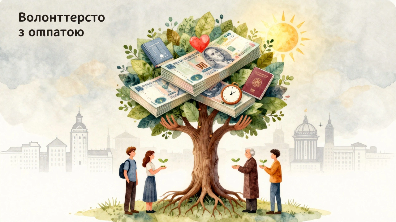 Символічне зображення волонтерства з оплатою: дерево, що росте з грошей, з різними людьми під ним.