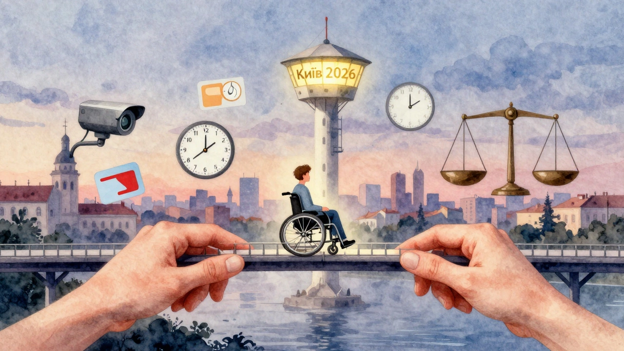 Символічний міст з рук, що з’єднує людину з інвалідним кріслом з баштою охорони — метафора рівних можливостей у Києві.