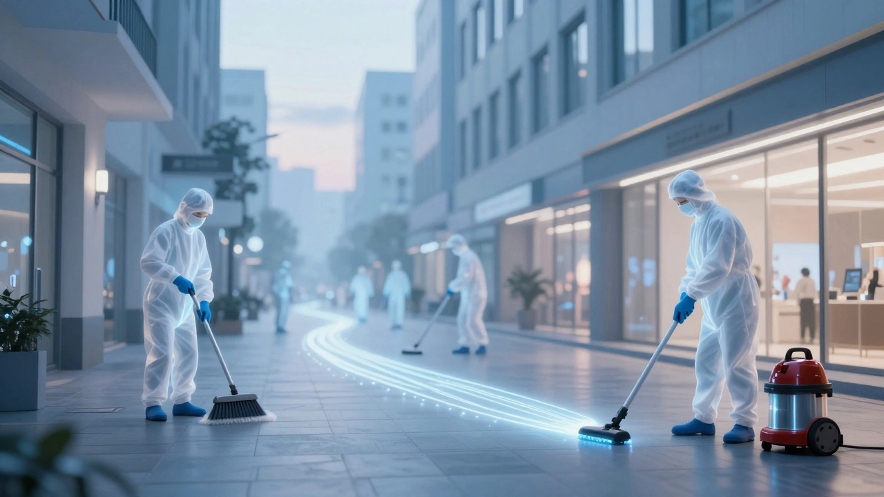 Символічний образ Києва на світанку, де чистота зберігається невидимими робітниками.