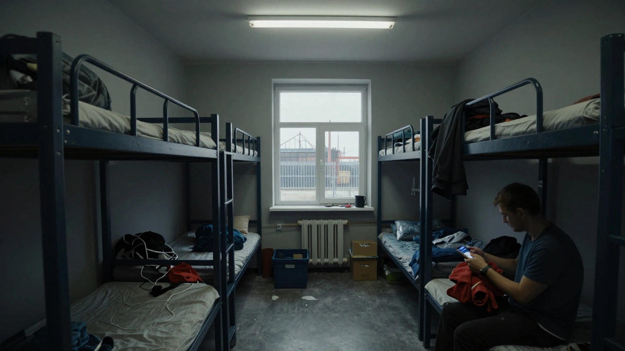 Спільна кімната в гуртожитку поблизу логістичного хабу, люди розpakовують речі.