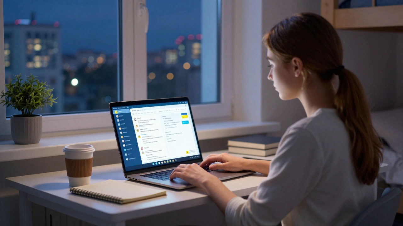 Студент працює онлайн з ноутбука в кімнаті гуртожитку, нічне місто видно у вікні.