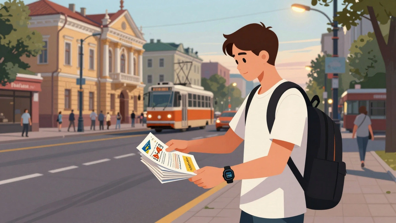 Студент роздає листівки на вулиці Києва ввечері, з рюкзаком і значком університету.