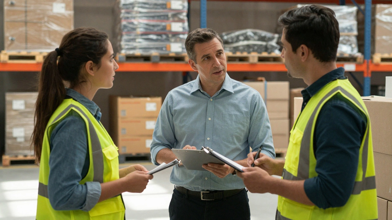 Супервайзер допомагає працівникам вирішити проблему на складі.