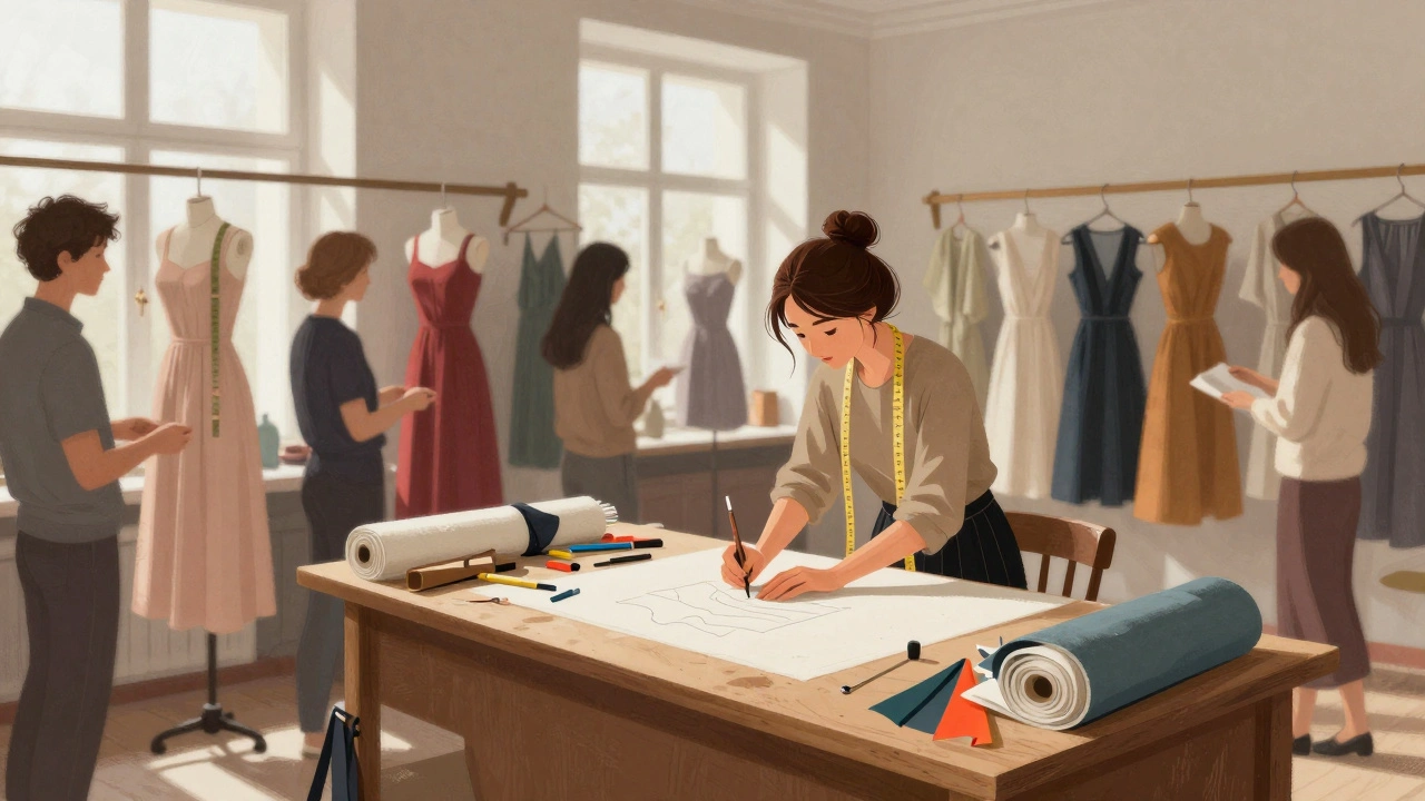 Швея працює в майстерні в Києві, навколо — висячі сукні та тканини, клієнти чекають з одягом.