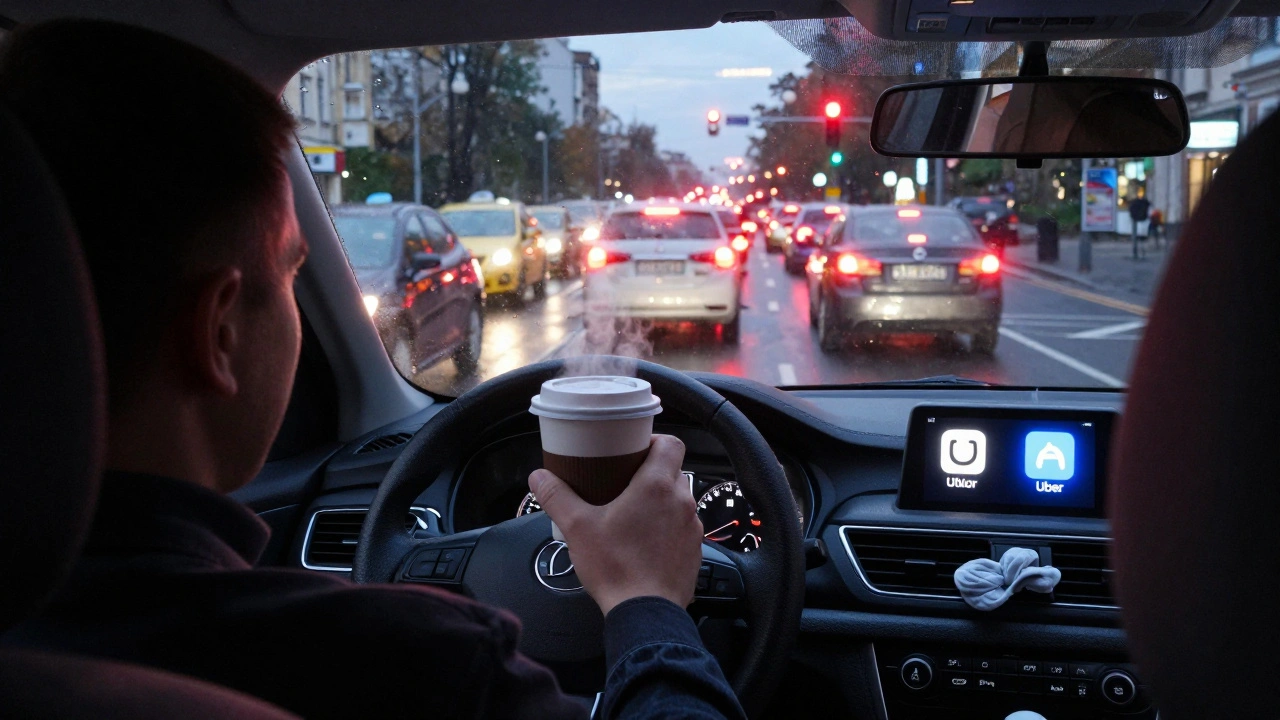 Таксист у Києві ввечері чекає на зелений світлофор, тримаючи каву, навколо — щільний рух.