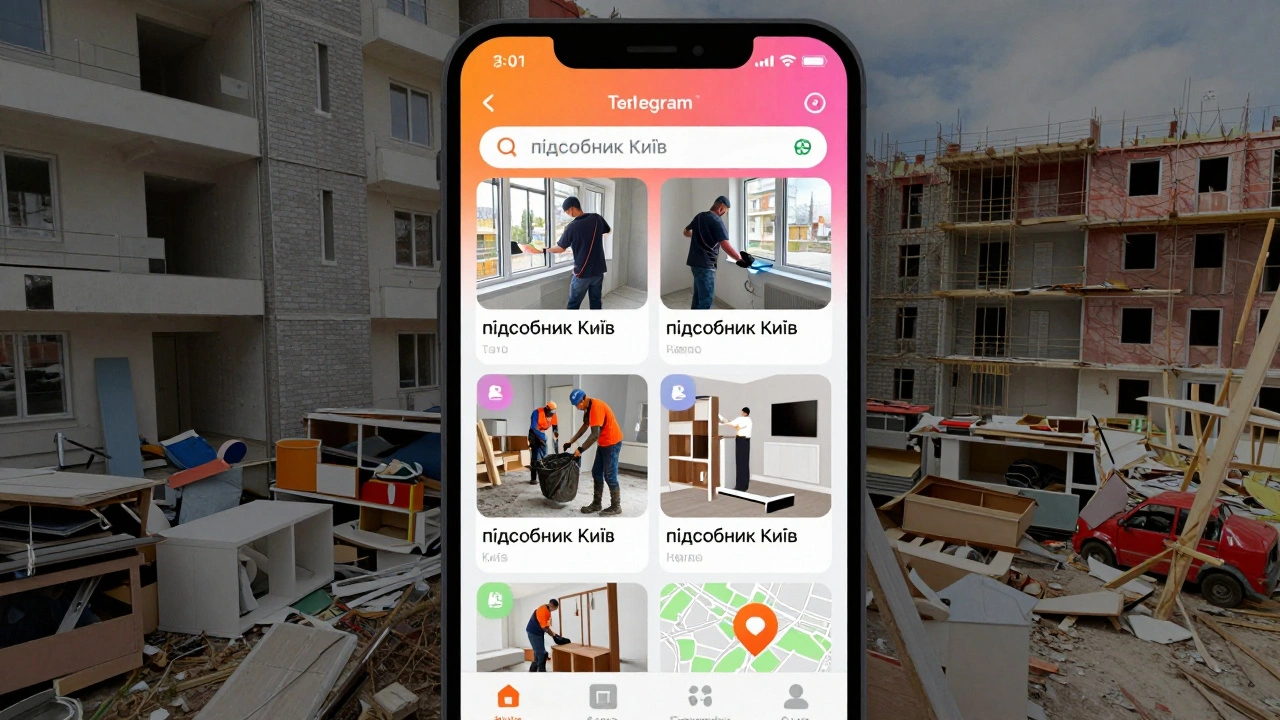 Телеграм-канал з вакансіями підсобників у Києві на екрані смартфона