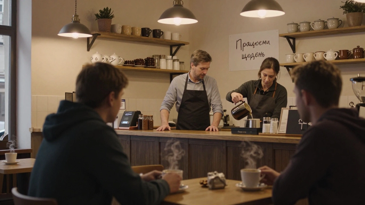 Тихий інтер'єр кав'ярні в Києві: працівник прибирає стіл, два клієнти п'ють каву.