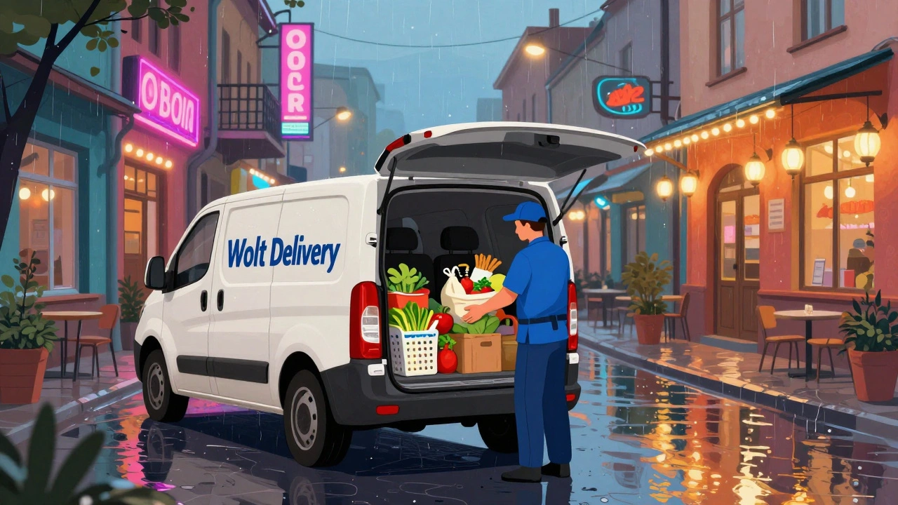 Водій доставляє їжу з ресторану в районі Оболонь, вантажівка з логотипом Wolt.