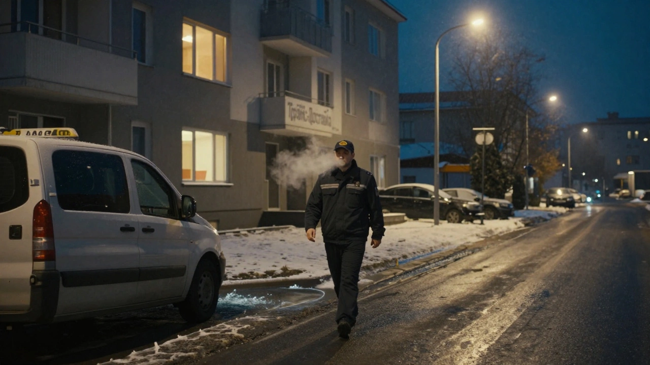 Водій таксі йде до автомобіля компанії вночі з гуртожитку під м’яким світлом вуличних ліхтарів у передмісті Києва.