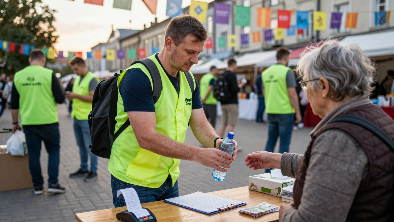 Волонтер організовує допомогу на міському фестивалі в Києві, отримуючи оплату за роботу.