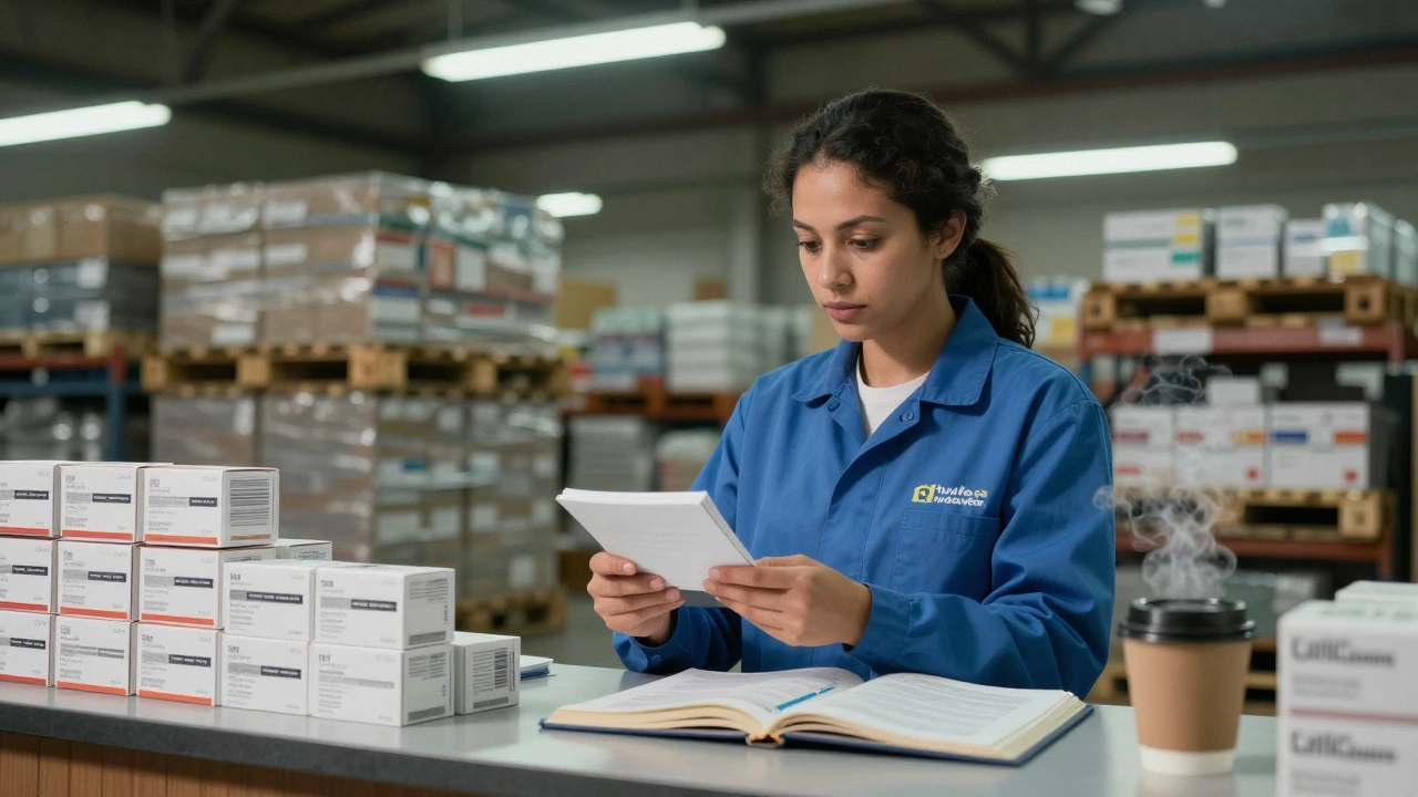 Жінка-кладовщиця перевіряє терміни придатності ліків у фармацевтичному складі.