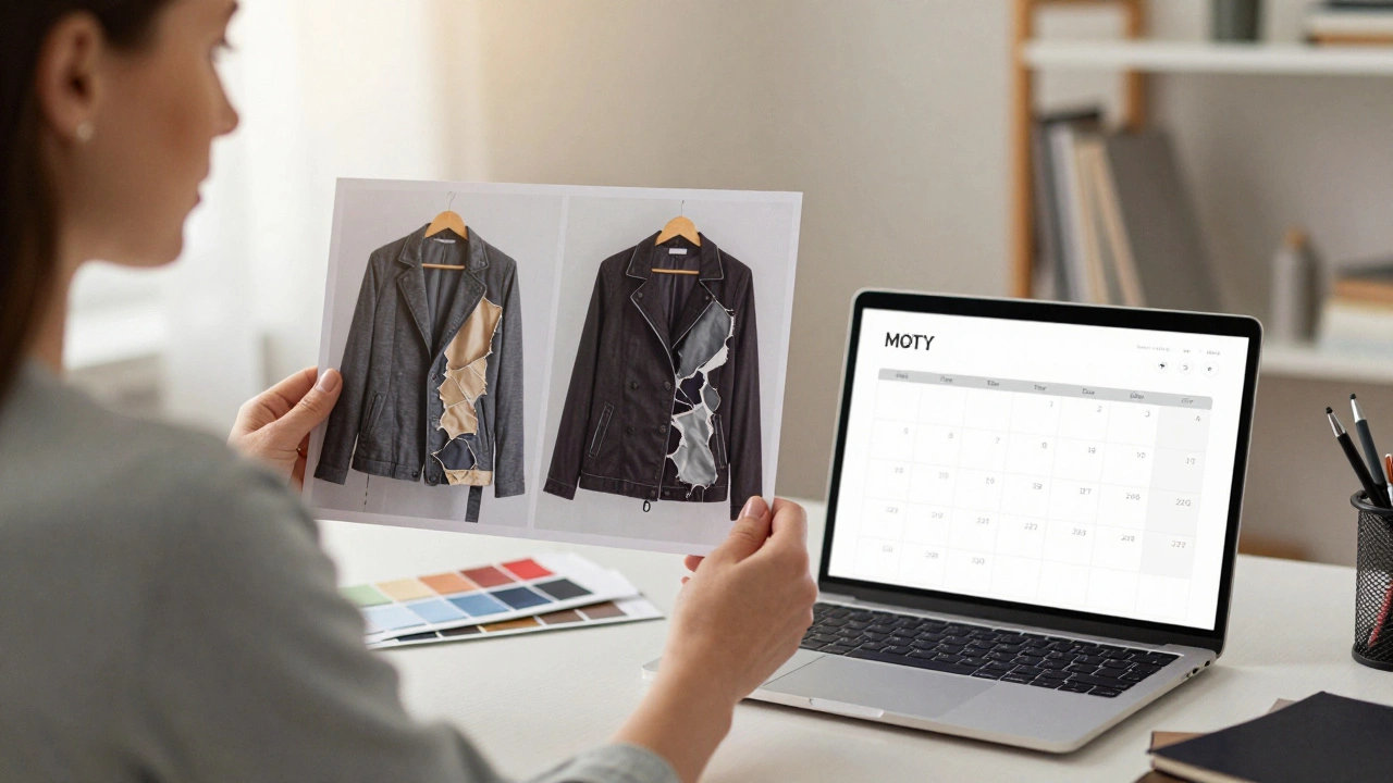 Жінка показує фото до і після ремонту куртки, на тлі — інструменти для шиття та календар замовлень.