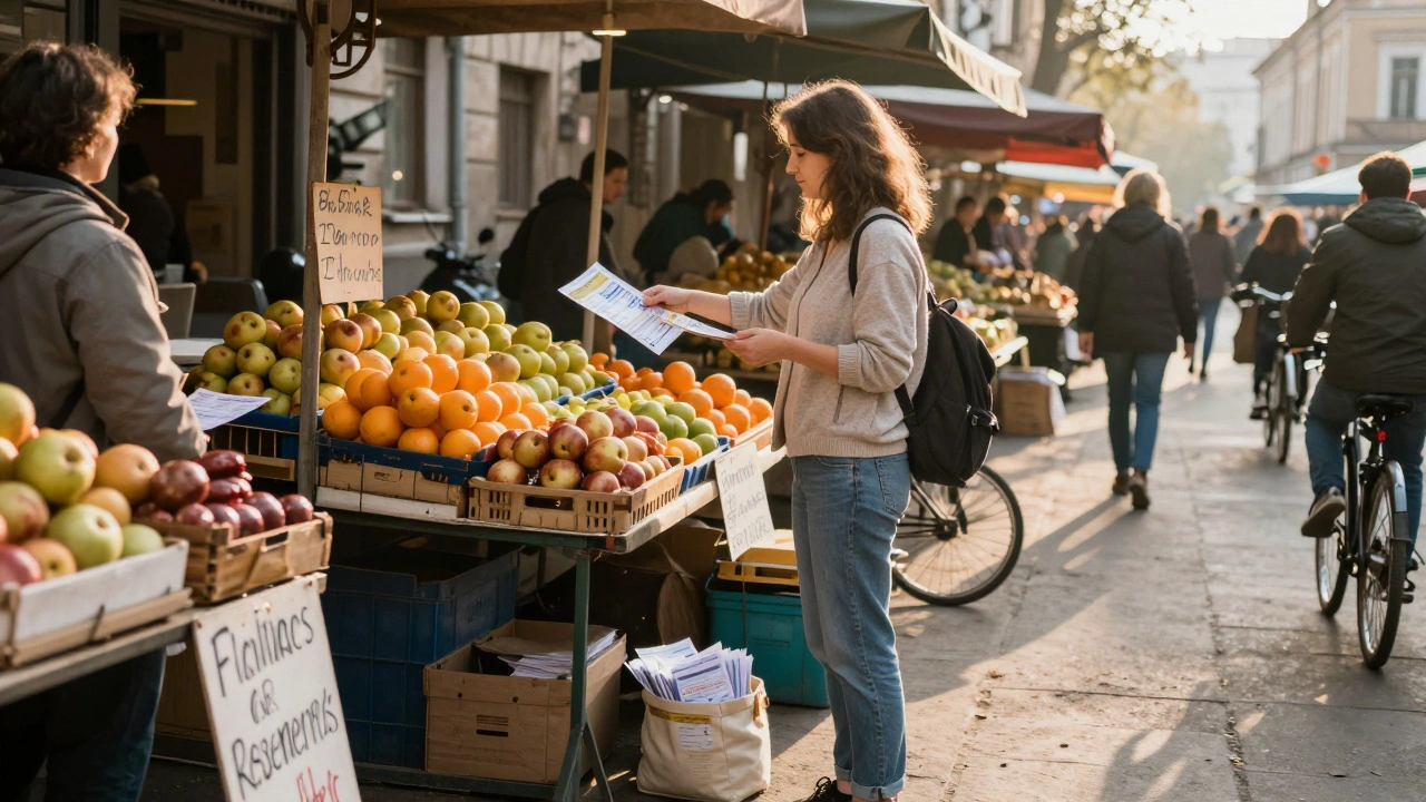 Жінка розклеює оголошення на ринку в Києві ранком, навколо фрукти і лавки.