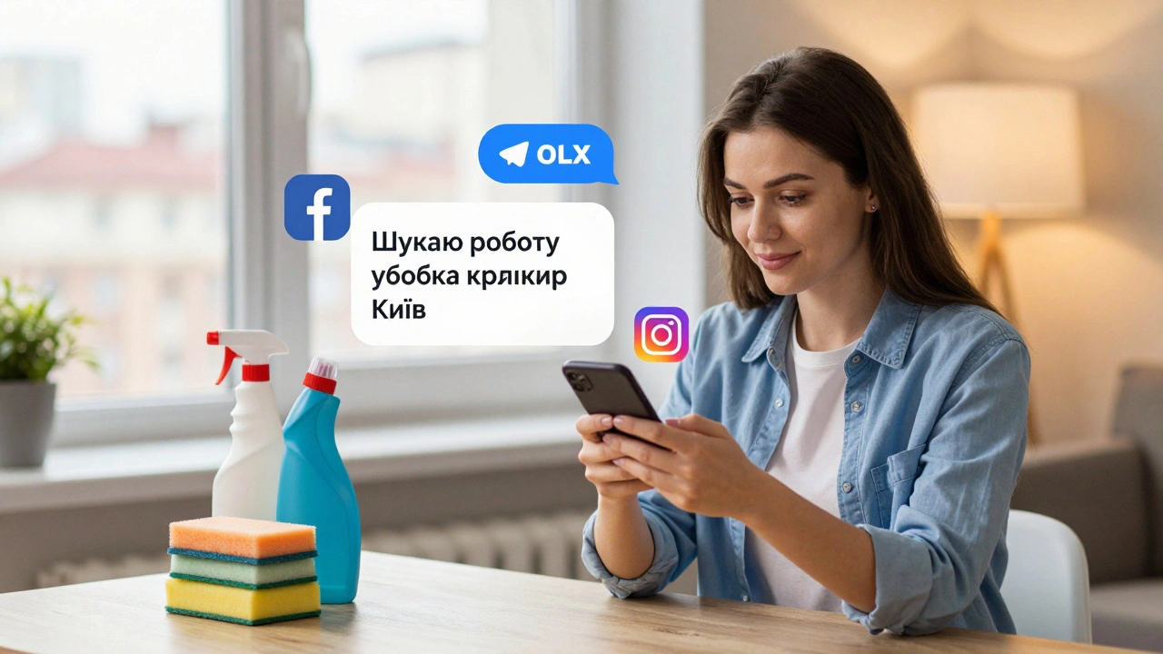 Жінка шукає роботу уборки квартир через Telegram та соцмережі в Києві.