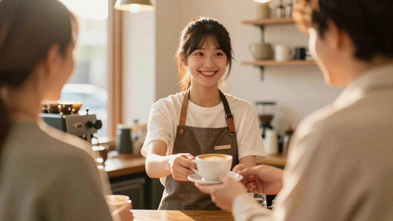 16-річна бариста подає каву клієнту в кафе