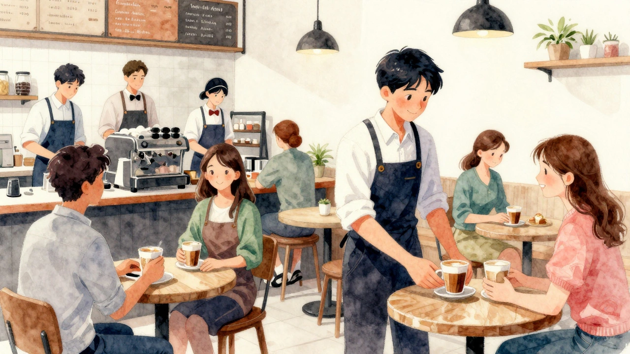 Команда баристів у кав'ярні разом працює, допомагаючи один одному та обслуговуючи клієнтів