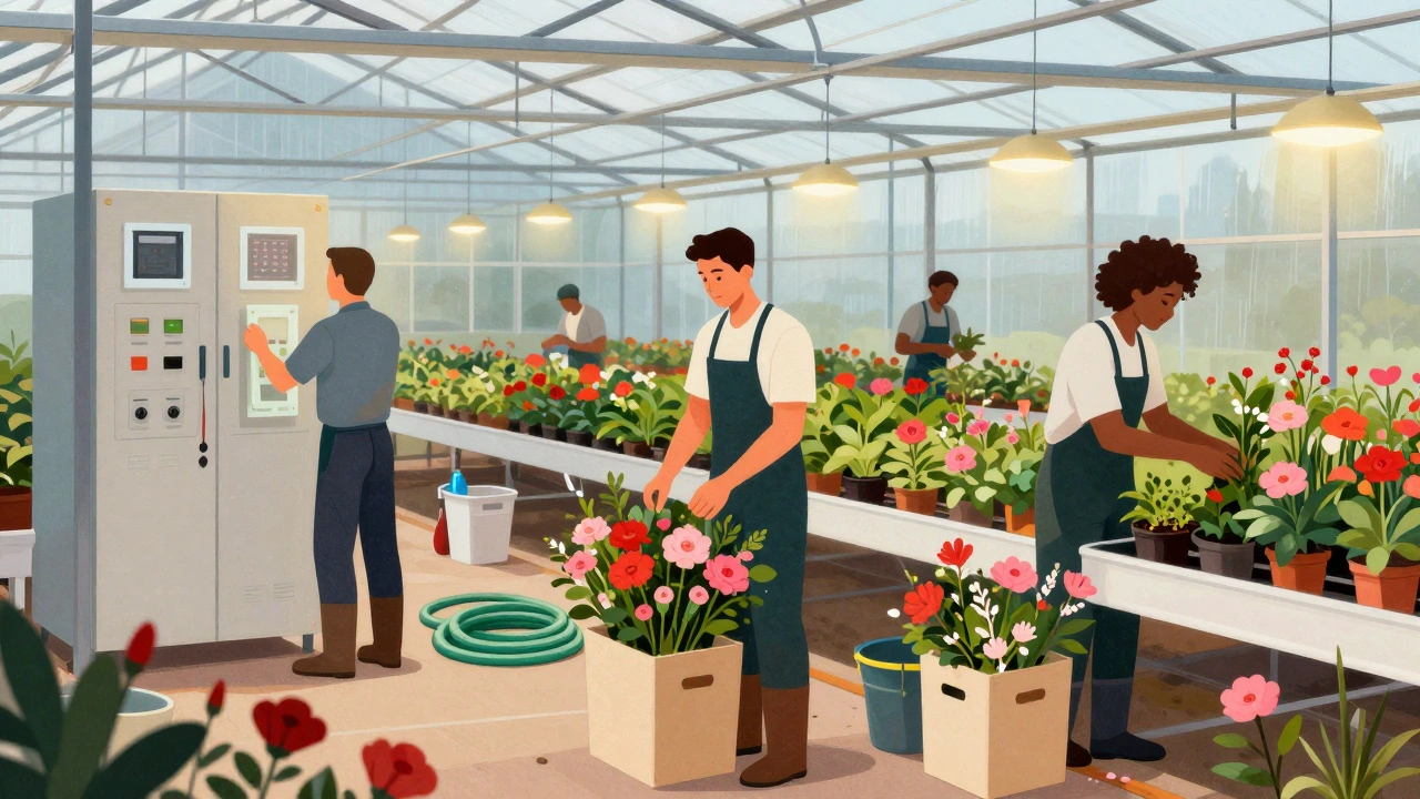 Команда працівників у теплиці біля Києва: хтось пакує квіти, інший налаштовує обладнання.
