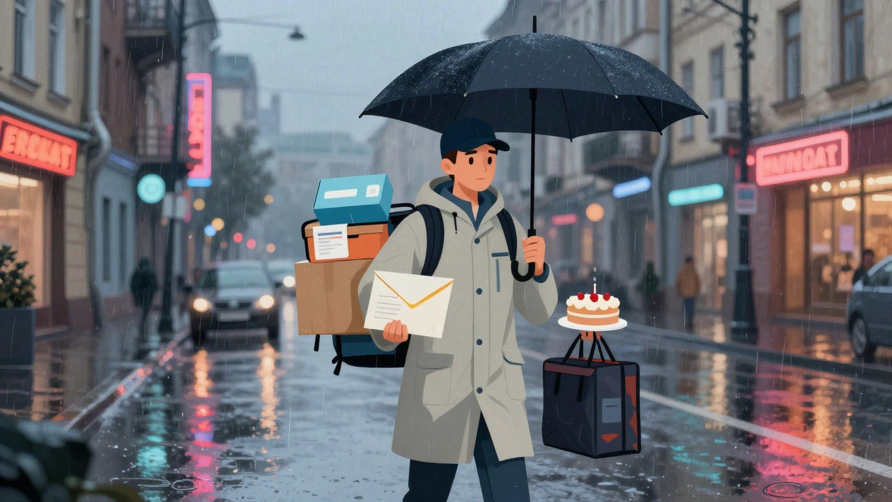 Кур'єр доставляє ліки, документи й торт у дощову вечірню Київську вулицю.