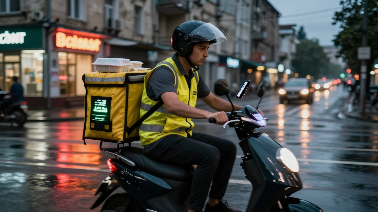 Кур’єр на електросамокаті доставляє їжу в Дарницькому районі Києва.