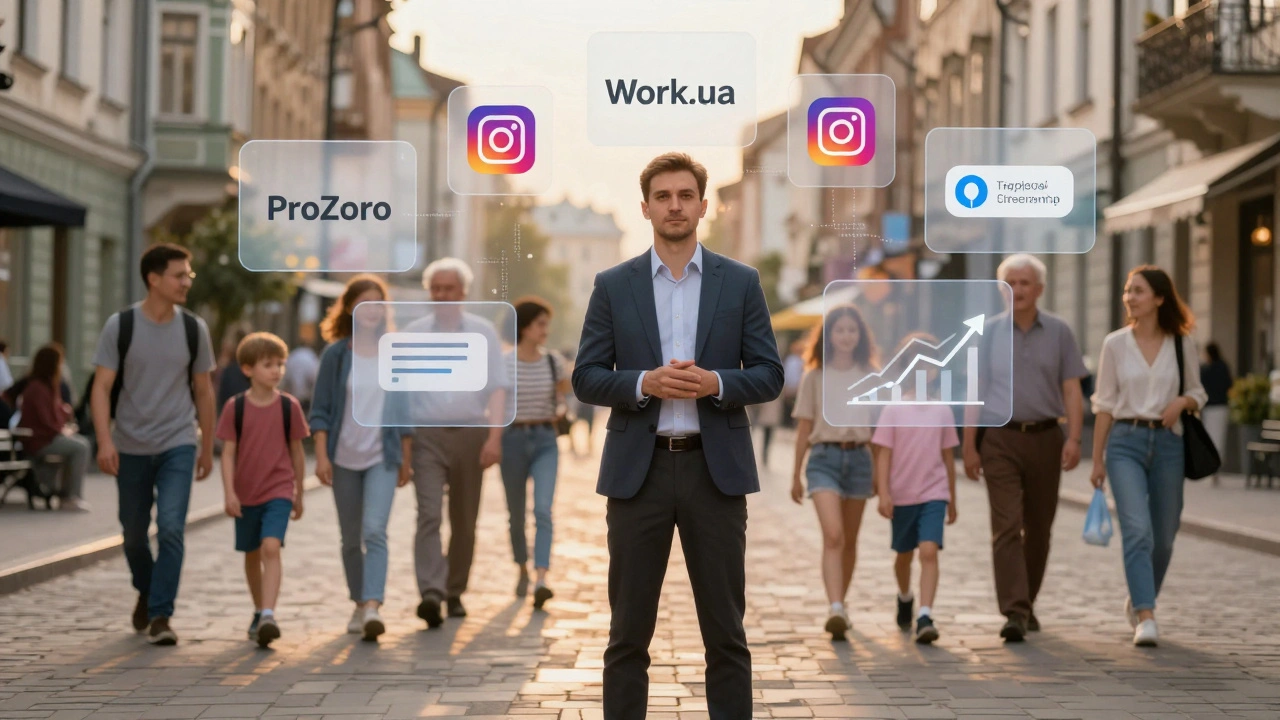 Логопед у центрі Києва, оточений символами роботи, онлайн-платформ і зростаючого попиту на послуги.