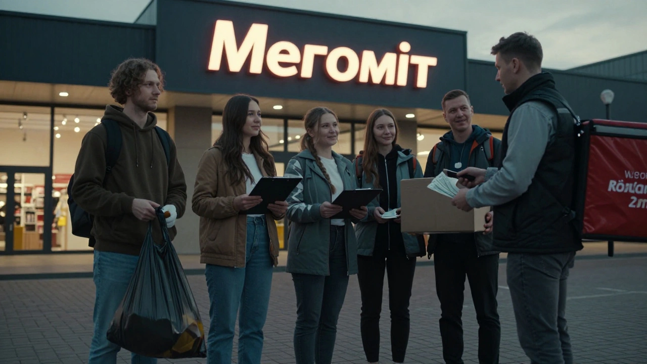 Люди отримують готівку після роботи на вихідних біля торговельного центру в Києві.