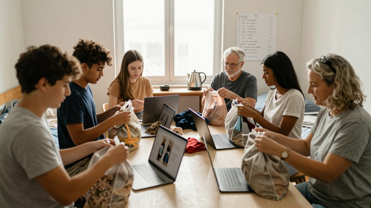 Люди сортуєть одяг вдома для секонд-хенд магазину