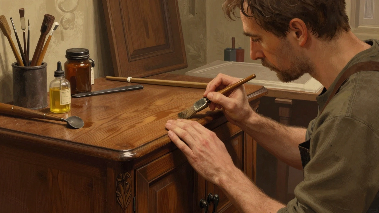 Майстер наносить патину на старовинний дерев’яний шафу ручною кисткою.