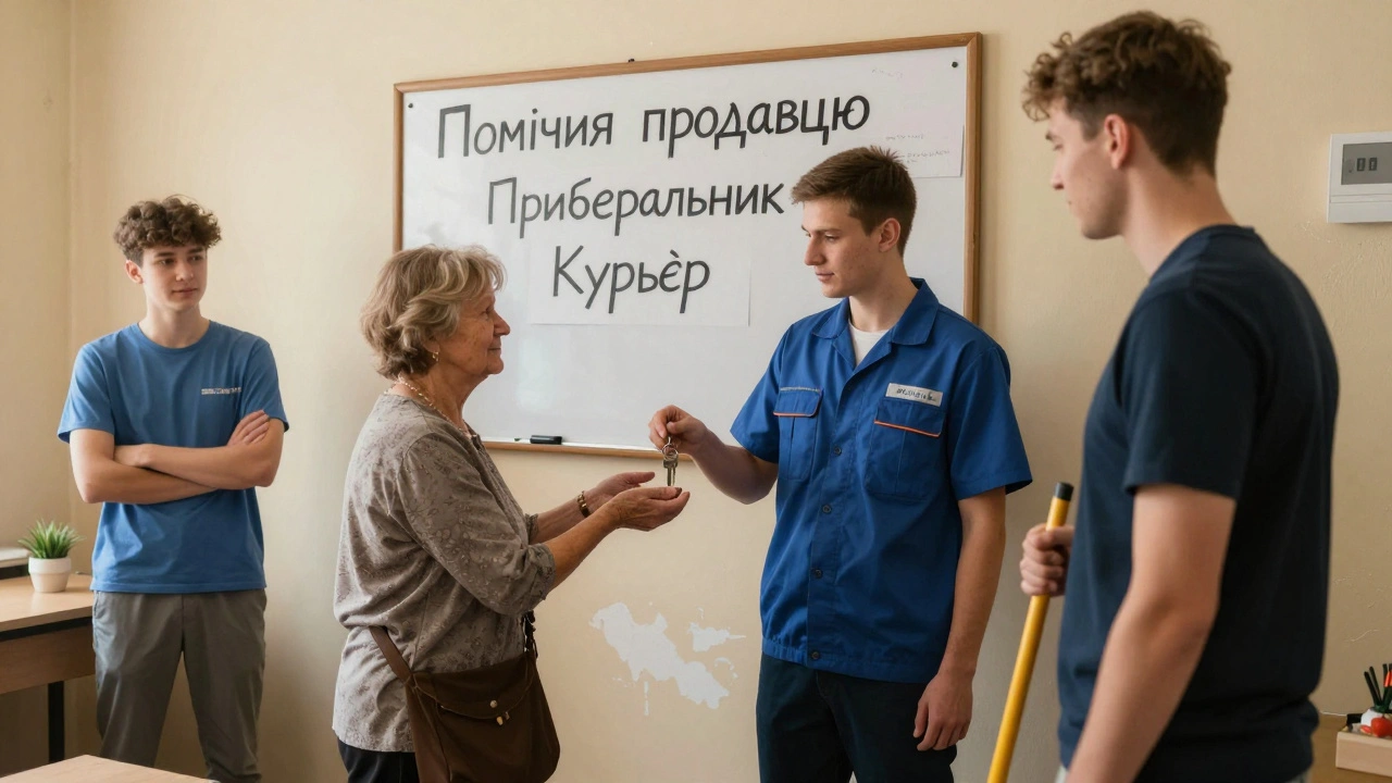 Маленький центр зайнятості в Воскресенці з дошкою пропозицій роботи і місцевими жителями.