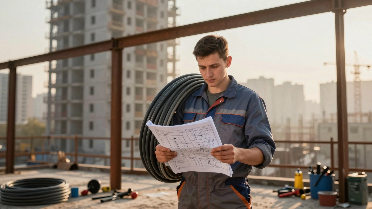 Молодий електрик-помічник перетягує кабелі на будівельному об’єкті в Дарницькому районі.