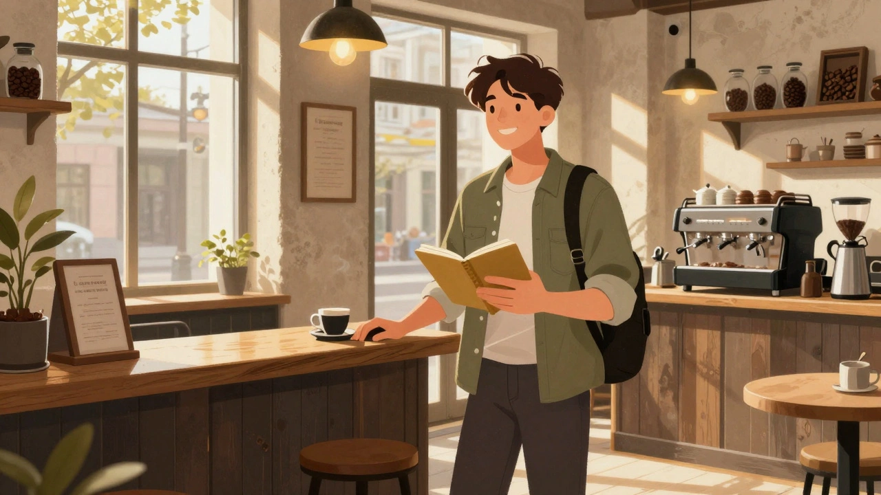 Молодий кандидат у кав'ярні Києва запитує про роботу, сіяючи впевнено