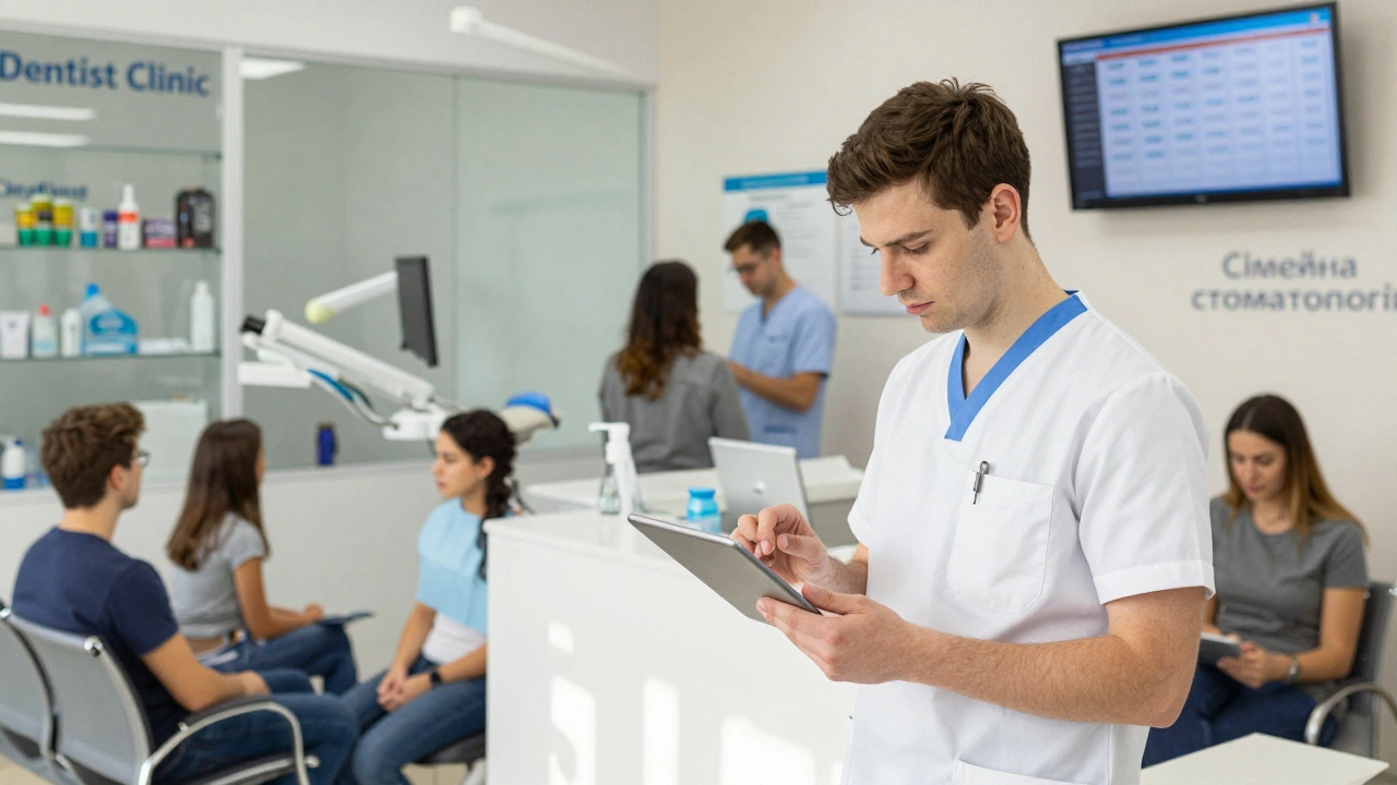 Молодий стоматолог оглядає записи пацієнтів у приймальні приватної клініки, навколо — чекаючі пацієнти.