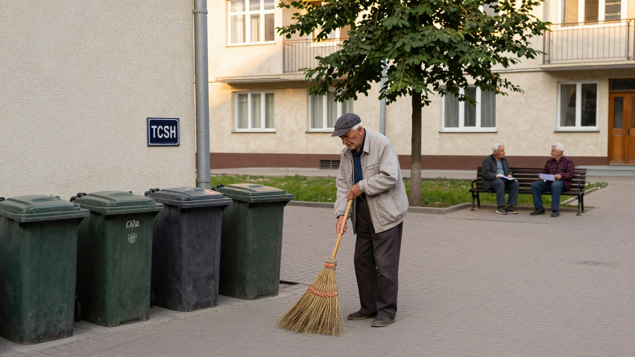 Пенсіонер прибирає двір багатоповерхівки в Дніпровському районі Києва.