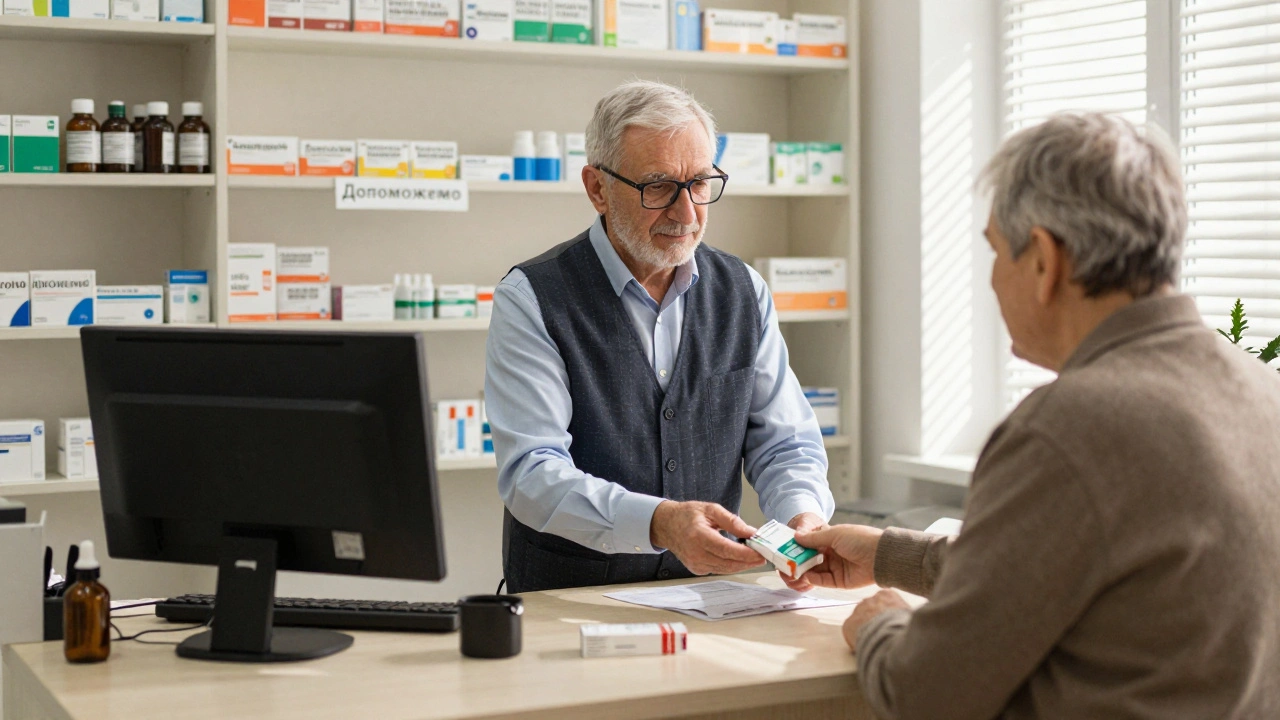 Пенсіонер продає ліки в аптекі, допомагаючи клієнту.