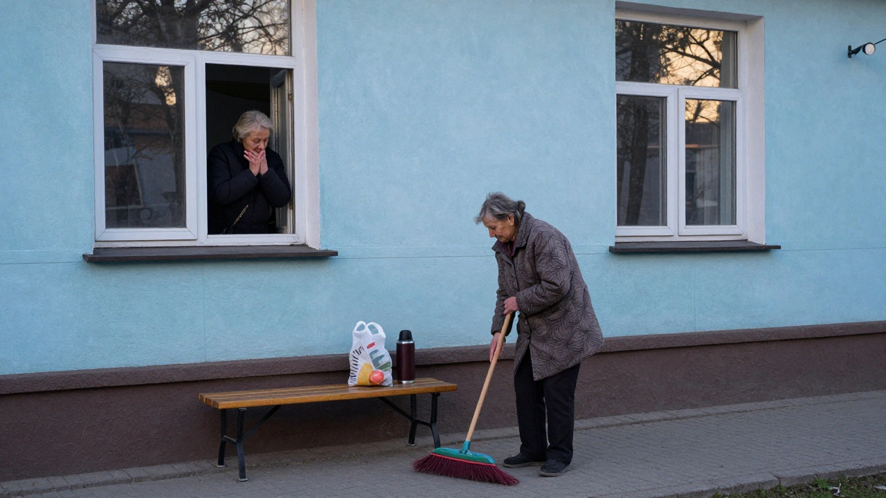 Пенсіонерка підмітає двір ранком, сусід дивиться з вікна.