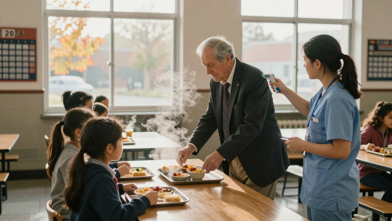 Похилий чоловік-пенсіонер розливає їжу в шкільній їдальні, діти чекають у черзі, сонячне світло з вікон.