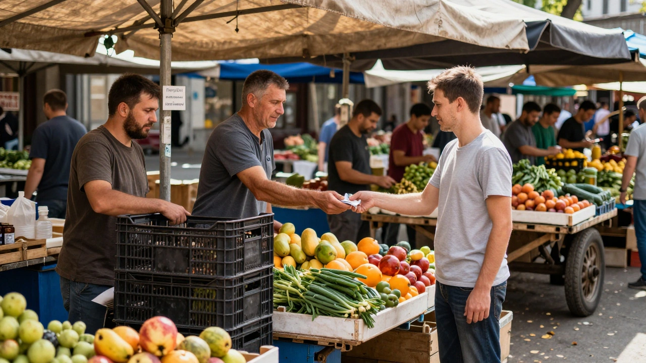 Помічник на ринку отримує готівку за роботу вранці