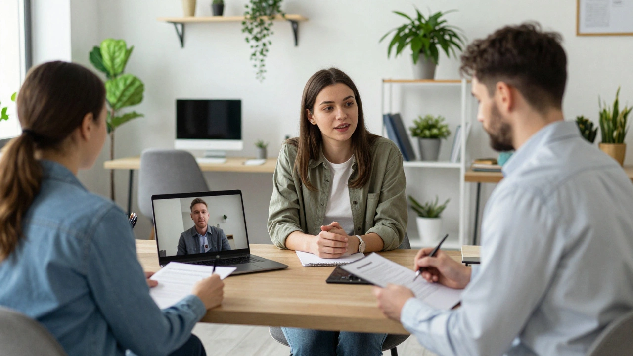 Психолог проводить онлайн-консультацію в коворкінгу в Печерську, інший фахівець працює за сусіднім столом.